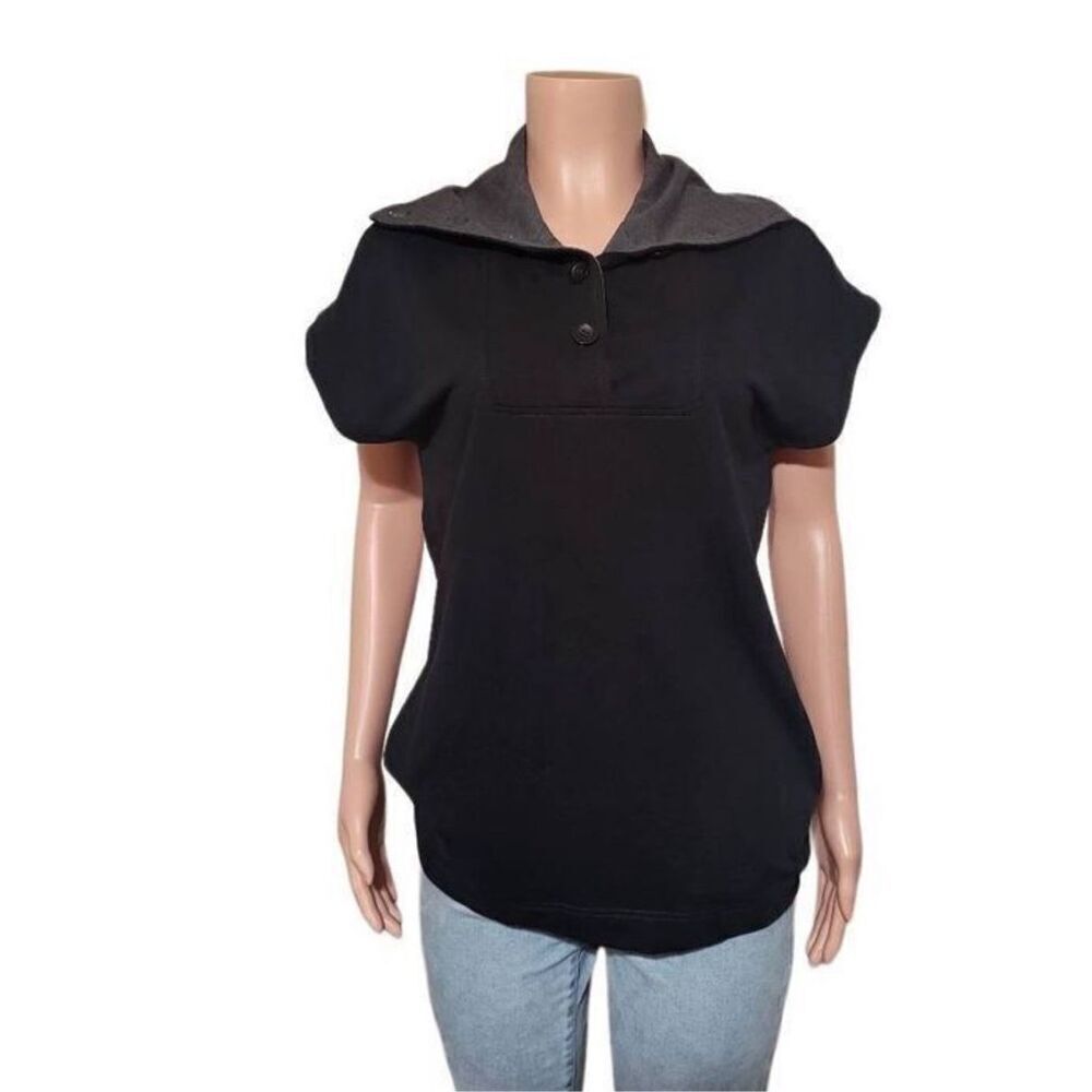 Women's short sleeve black Henley mock neck button front tee L